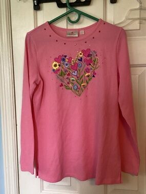 Quacker Factory Pink Long-Sleeve Top with Embroidered Heart Floral